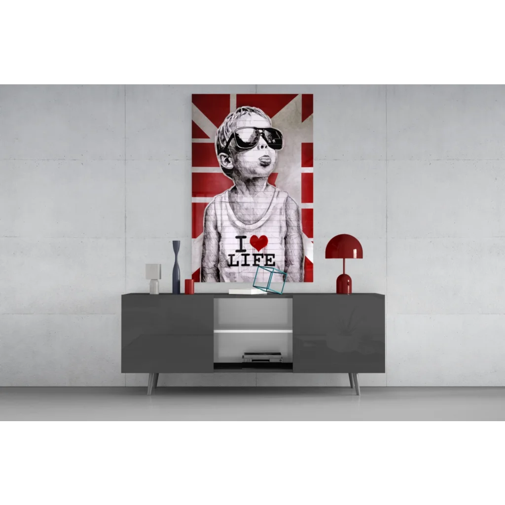 Cool British kid in shades on Union Jack wall art canvas with i love life text