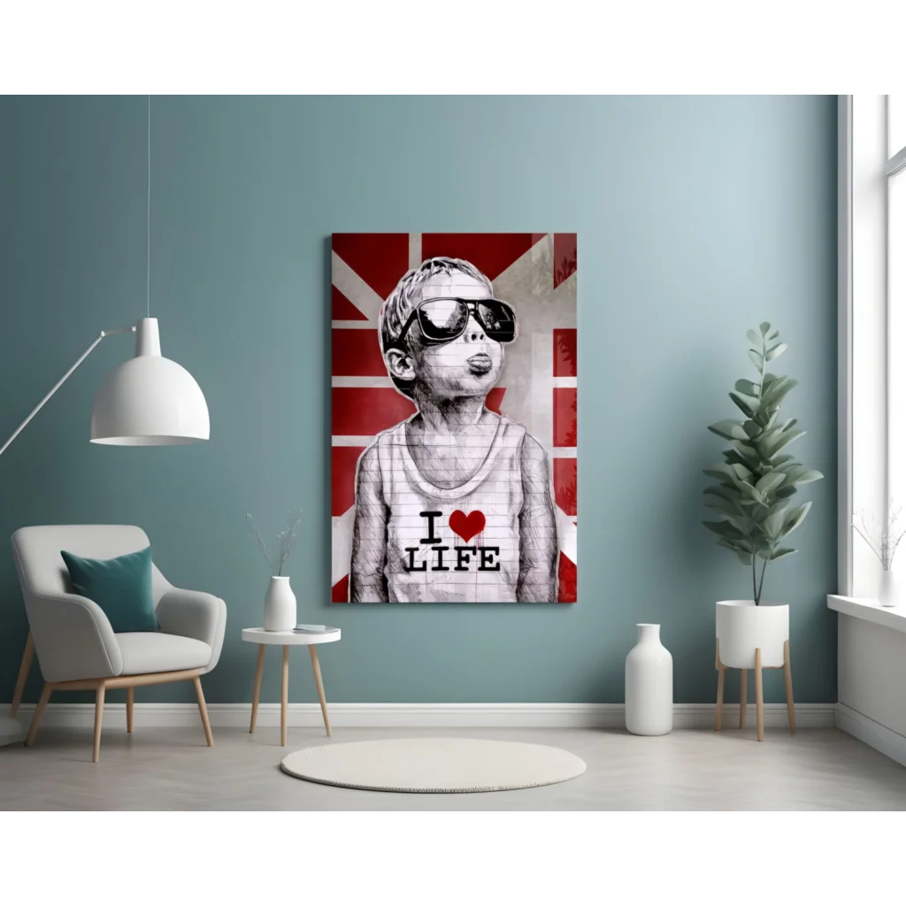 Cool British kid in shades with I love life shirt on Union Jack canvas wall art