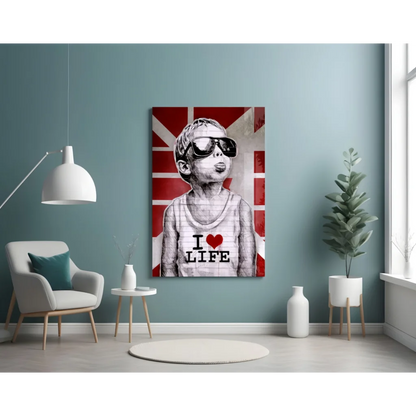 Cool British kid in shades with I love life shirt on Union Jack canvas wall art