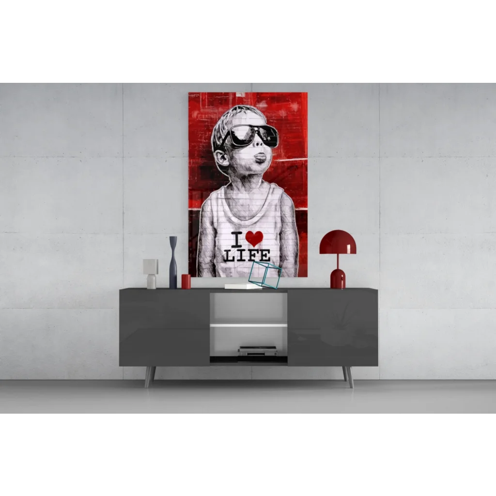 Bold red black canvas wall art of kid in sunglasses with I love life shirt