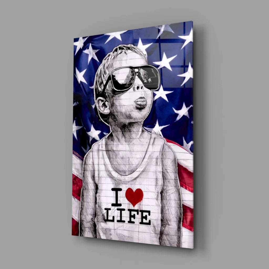 I Love Life Patriotic Kid Canvas Wall Art Print | Glass Wall Art Print | vintageantiquesgifts.com