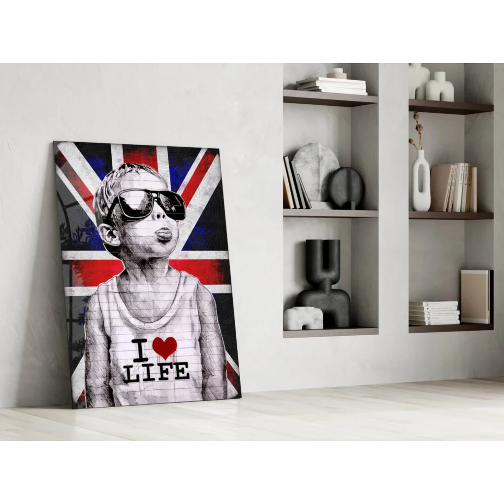 Stylized British kid in sunglasses on Union Jack canvas wall art