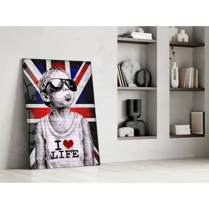 Stylized British kid in sunglasses on Union Jack canvas wall art