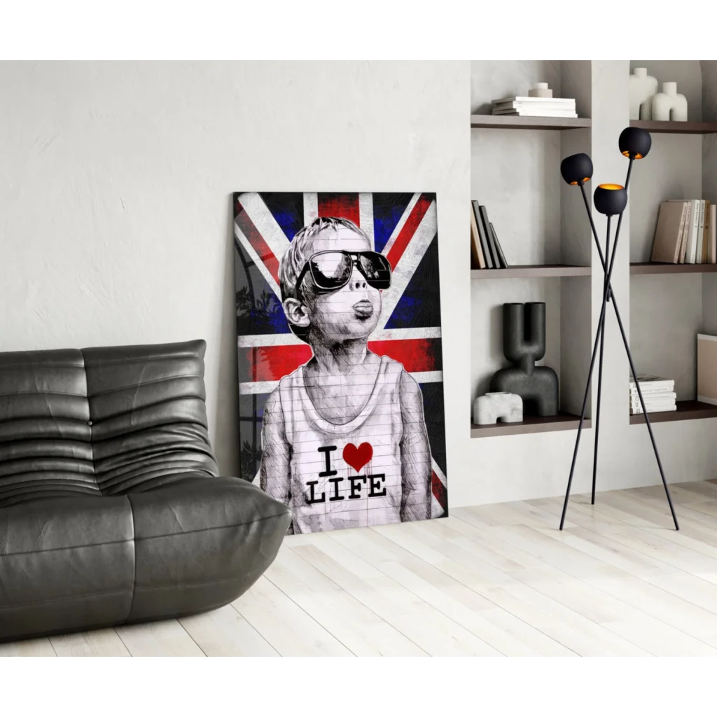 Cool British kid wall art canvas print with I love life shirt and Union Jack backdrop