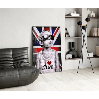 Cool British kid wall art canvas print with I love life shirt and Union Jack backdrop