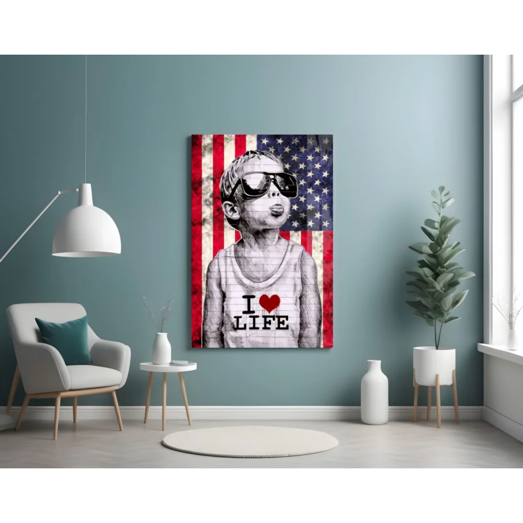 Patriotic boy in sunglasses i love life wall art canvas print