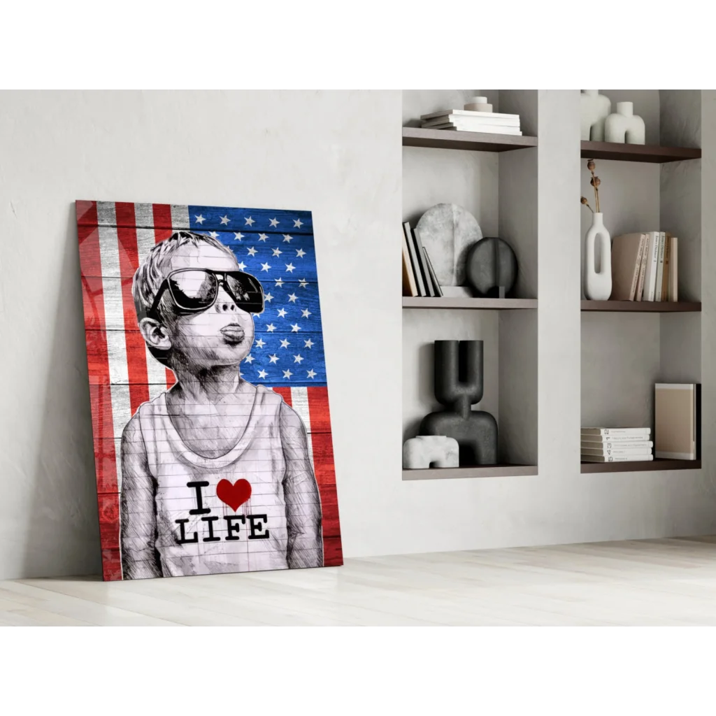Stylized boy in sunglasses and I love life tank top on American flag wall art