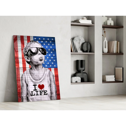 Stylized boy in sunglasses and I love life tank top on American flag wall art