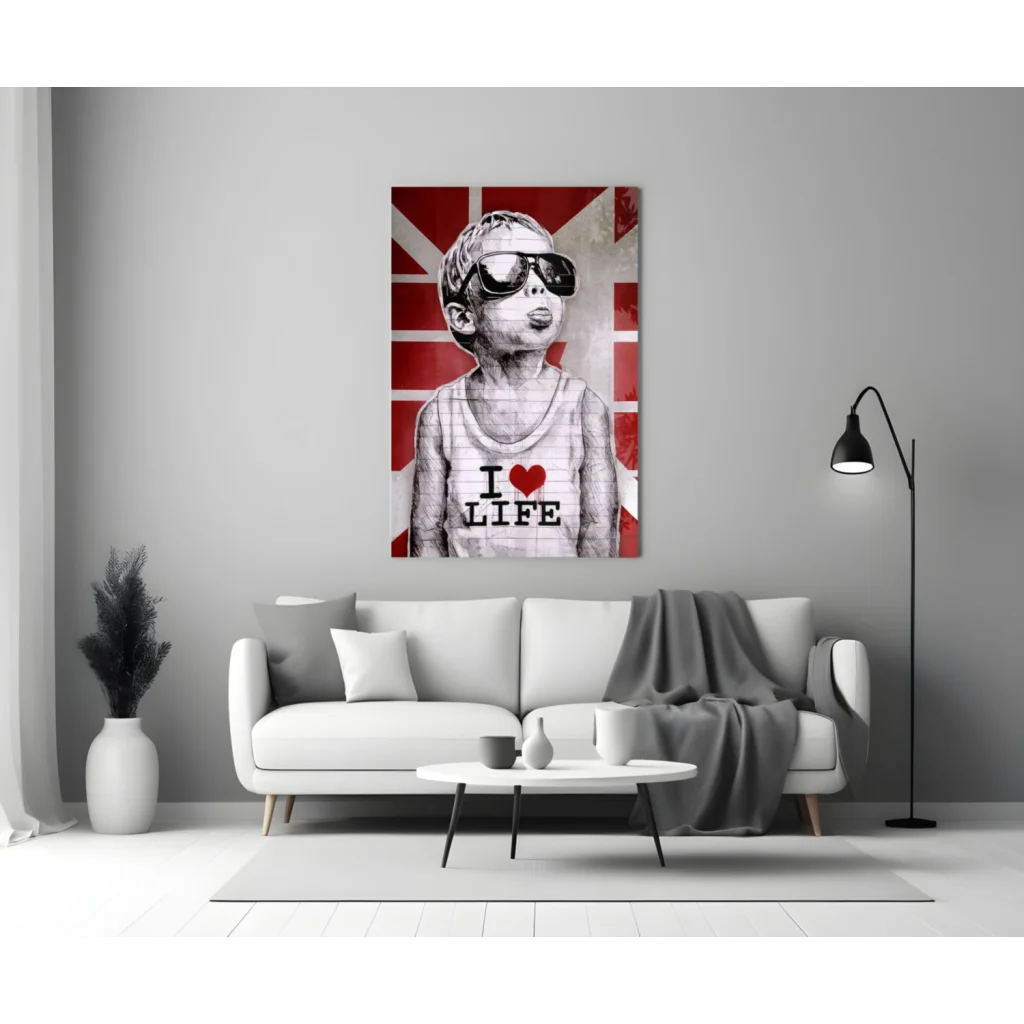 Cool British kid in shades on Union Jack wall art canvas with I love life text