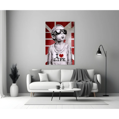 Cool British kid in shades on Union Jack wall art canvas with I love life text