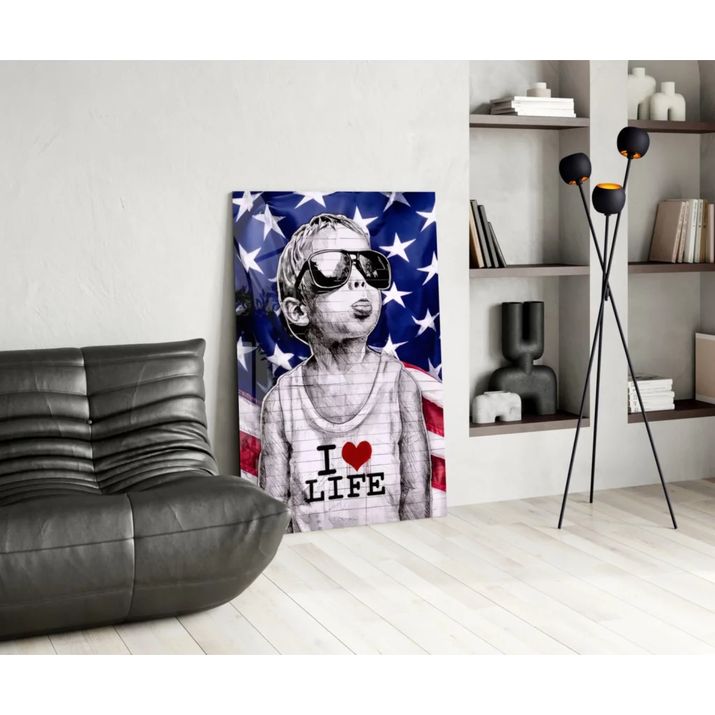 Stylized patriotic kid in sunglasses and I Love Life tank top canvas wall art