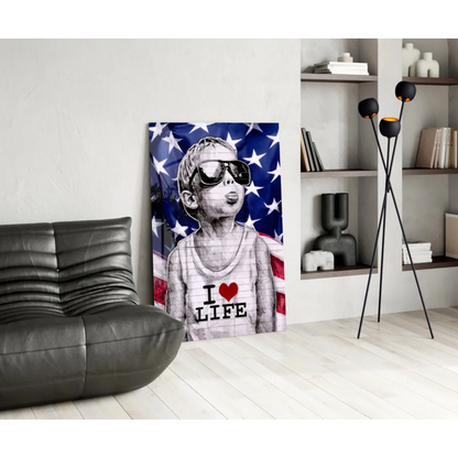 Stylized patriotic kid in sunglasses and I Love Life tank top canvas wall art