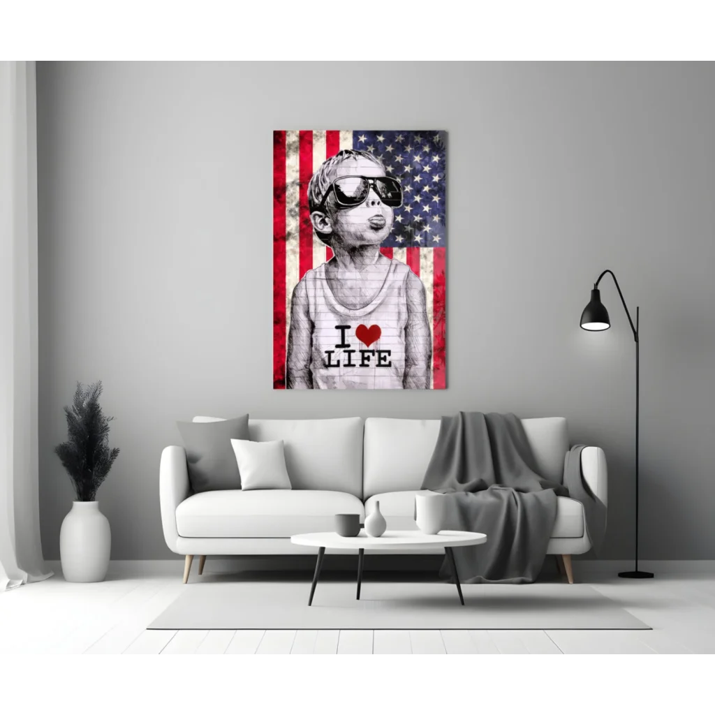 Patriotic boy in sunglasses on distressed American flag wall art canvas print