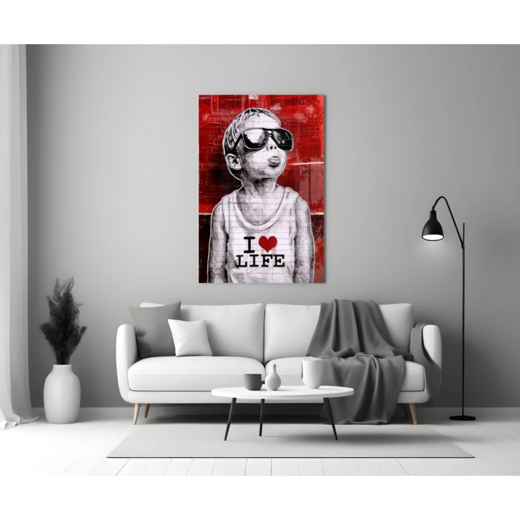 Bold red and black I Love Life street art wall art canvas print with stylized kid in sunglasses
