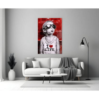 Bold red and black I Love Life street art wall art canvas print with stylized kid in sunglasses