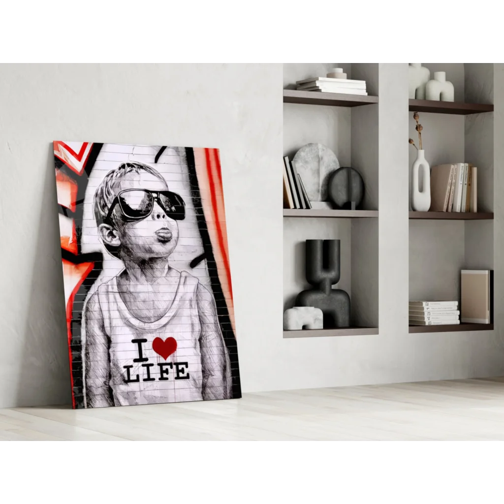 I Love Life graffiti kid black-and-white canvas wall art print