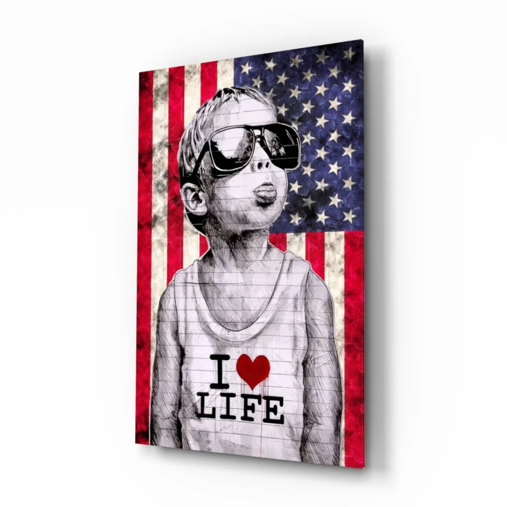 Patriotic boy in sunglasses on I love life tank top wall art print