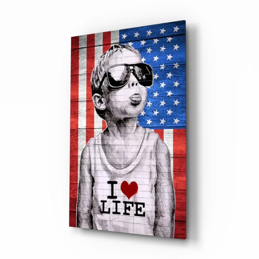 Boy in sunglasses and tank top on American flag wall art canvas