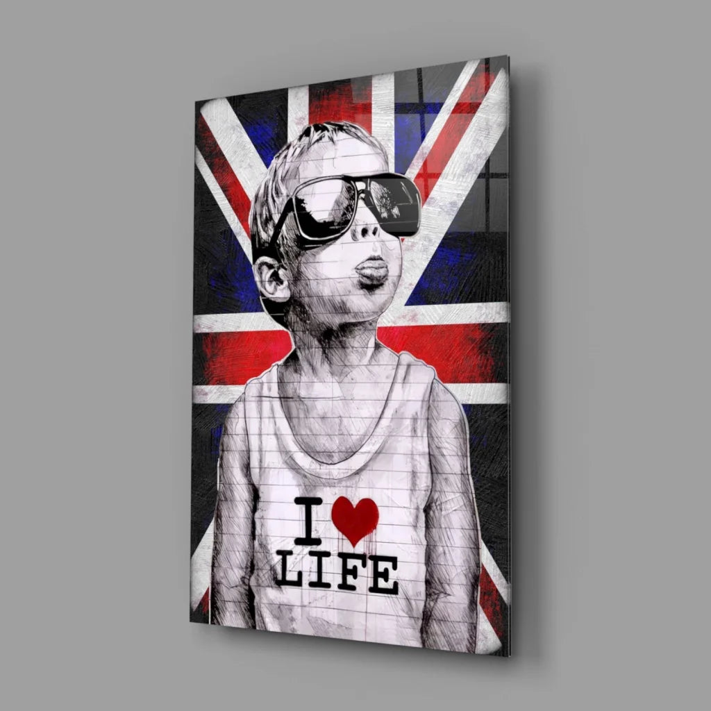 Cool British Kid Canvas Wall Art with I Love Life Message | Glass Wall Art Print | vintageantiquesgifts.com