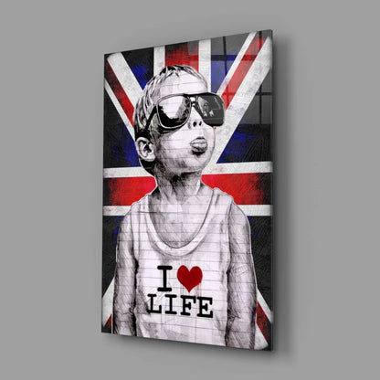 Cool British Kid Canvas Wall Art with I Love Life Message | Glass Wall Art Print | vintageantiquesgifts.com