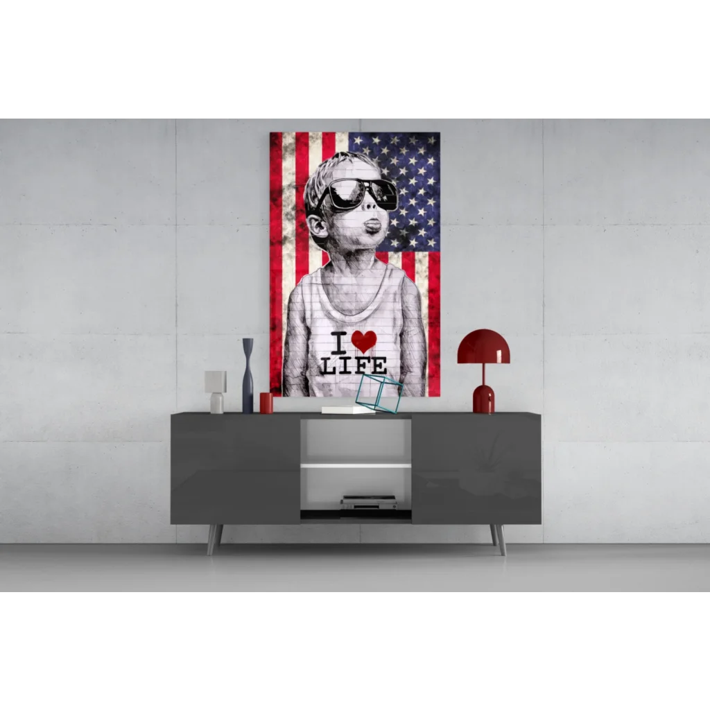 Patriotic boy in sunglasses and i love life tank top, canvas wall art print