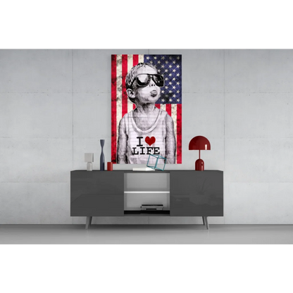 Patriotic boy in sunglasses and i love life tank top, canvas wall art print