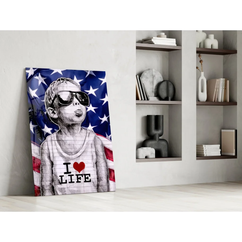 Stylized boy in sunglasses and I Love Life tank top on American flag canvas wall art