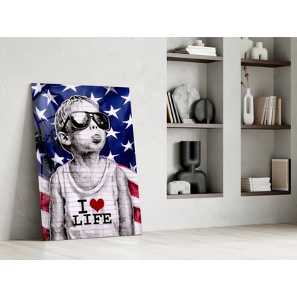 Stylized boy in sunglasses and I Love Life tank top on American flag canvas wall art