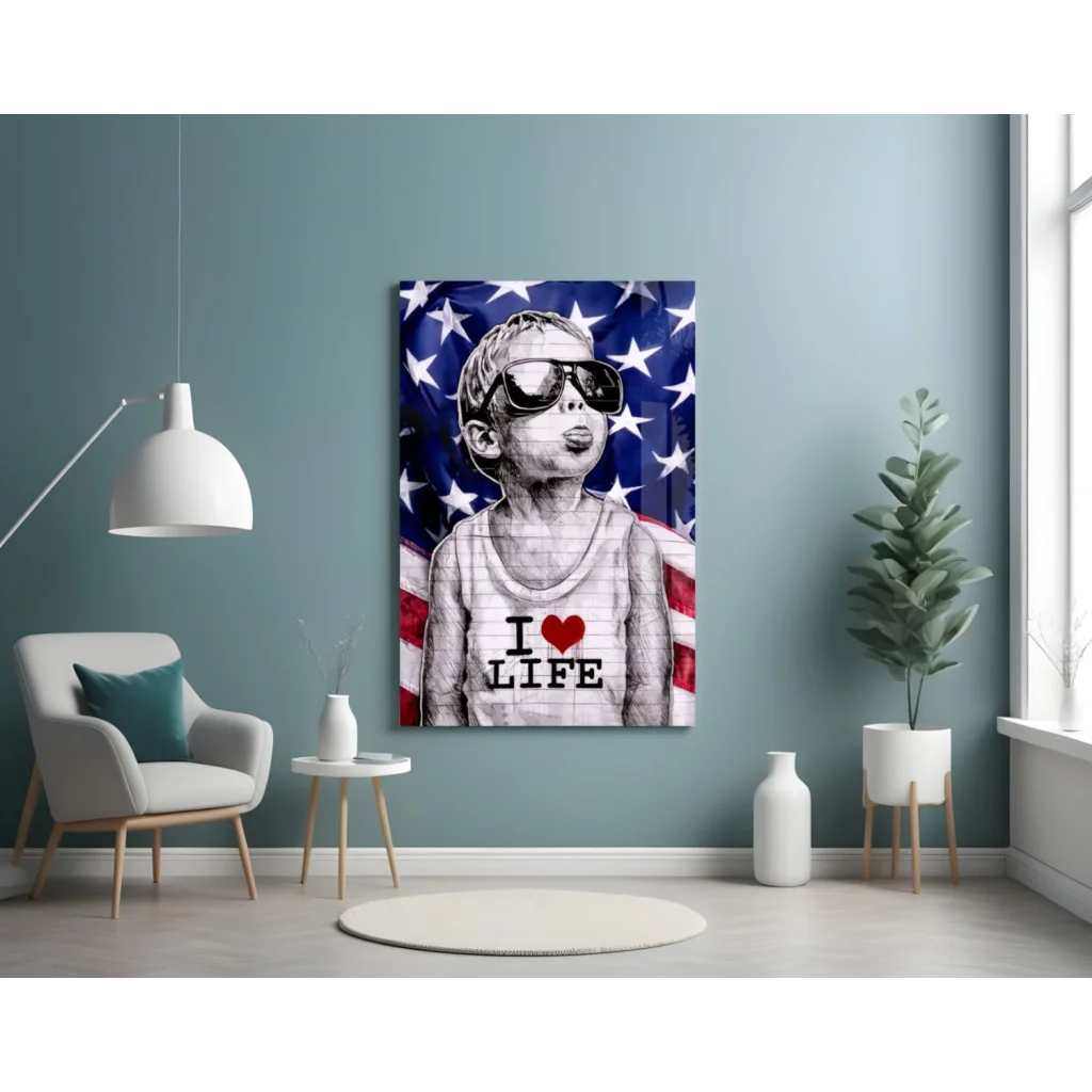 I Love Life Patriotic Kid Canvas Wall Art Print | Contemporary Home Wall Art | vintageantiquesgifts.com