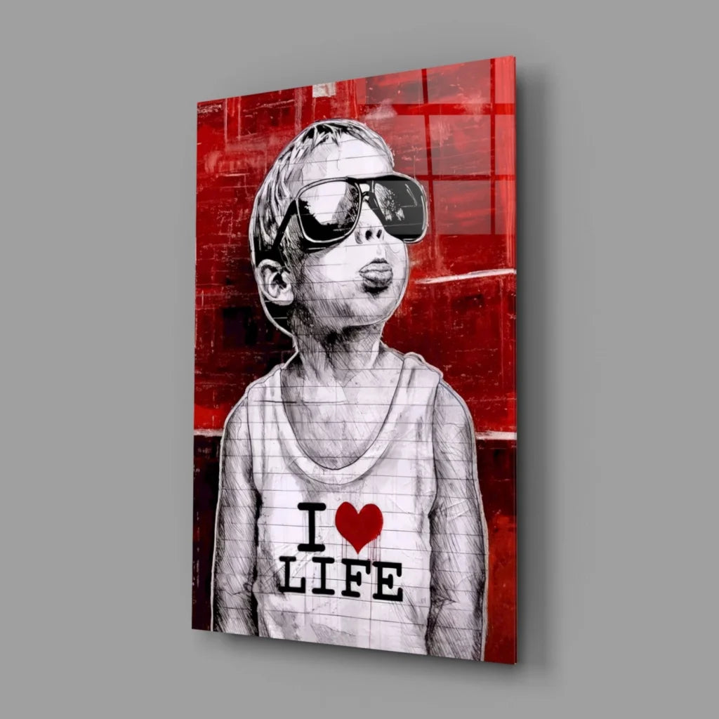 Black-and-white kid in sunglasses and I love life tank top on red wall art canvas