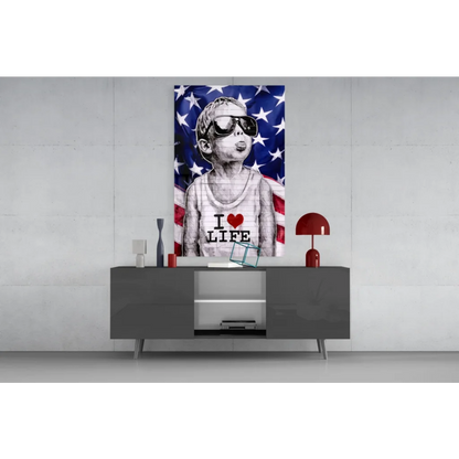 Patriotic kid in sunglasses and I Love Life tank top on American flag wall art