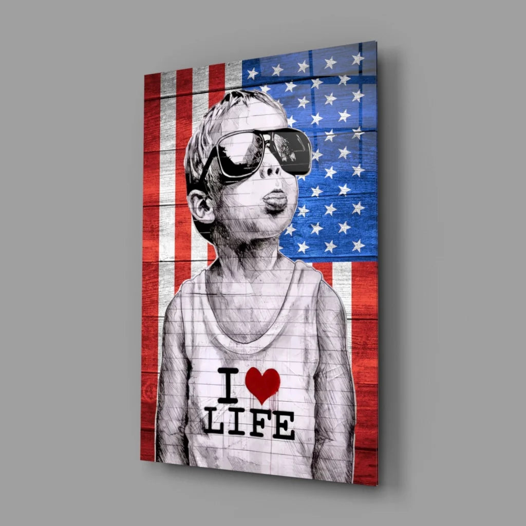 Boy in sunglasses on American flag wall art canvas for kids room