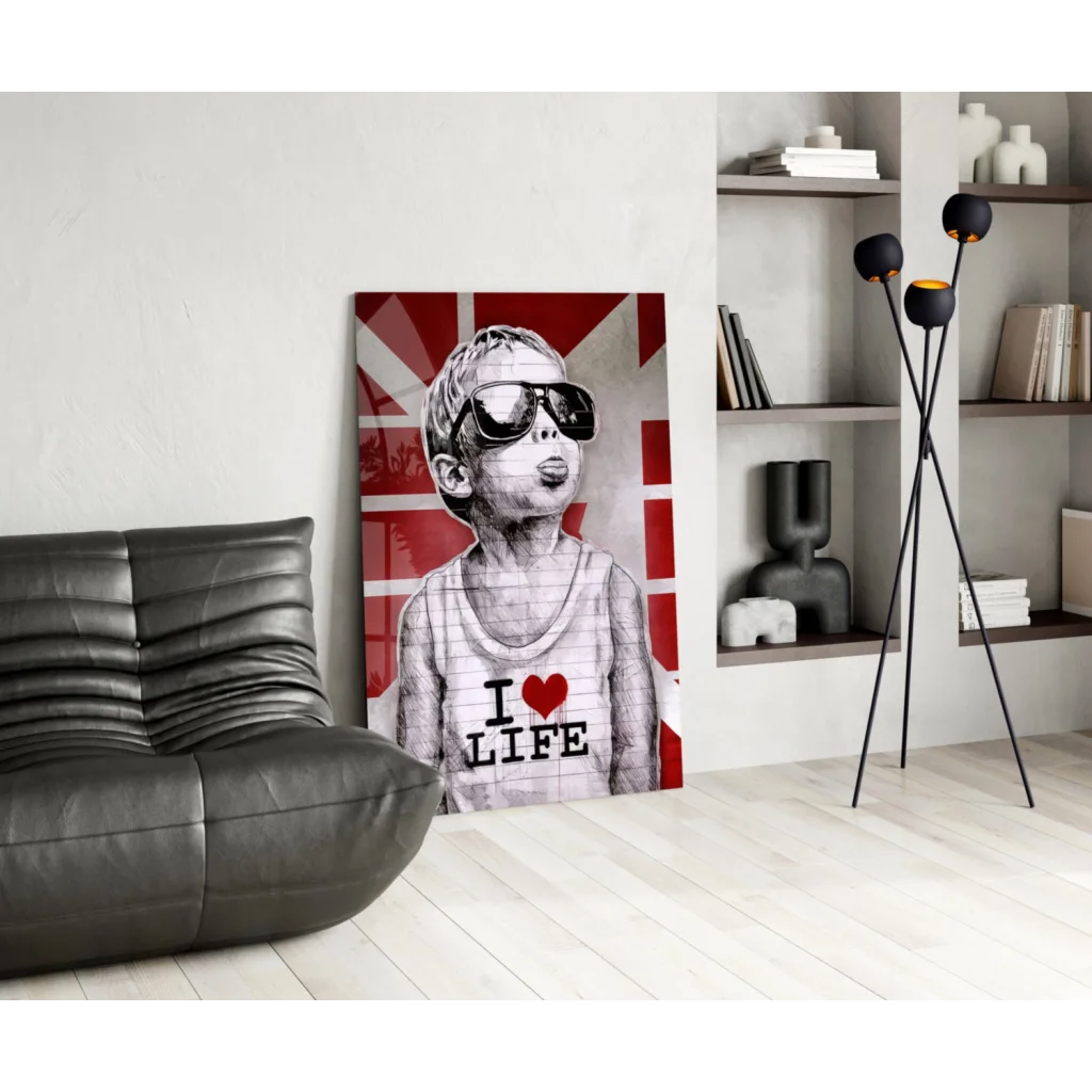 Cool British kid in shades with I love life shirt on Union Jack canvas wall art