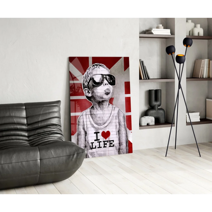 Cool British kid in shades with I love life shirt on Union Jack canvas wall art