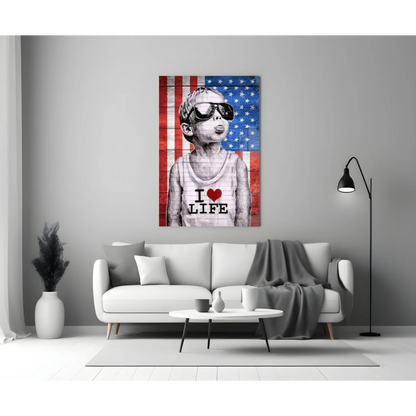 Kid in sunglasses on I love life shirt with American flag wall art canvas
