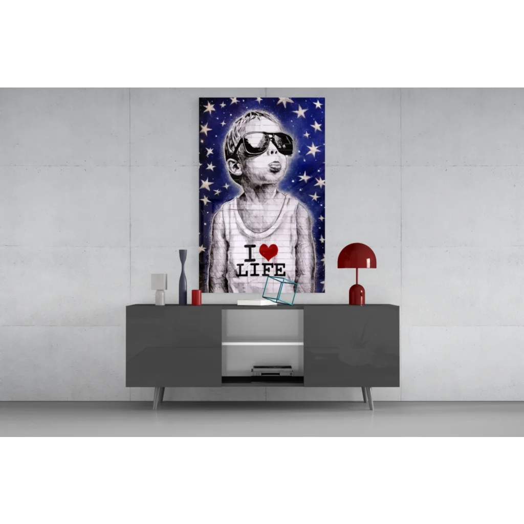 Cool kid in sunglasses on I love life glass wall art with starry blue background