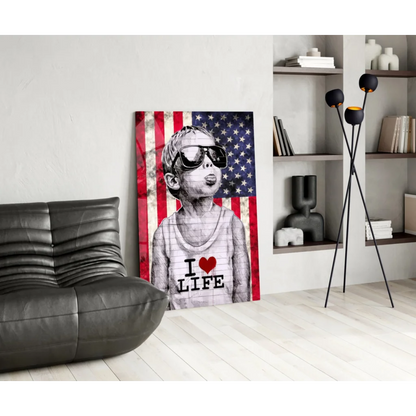 Patriotic boy in sunglasses with i love life shirt on American flag, canvas wall art print