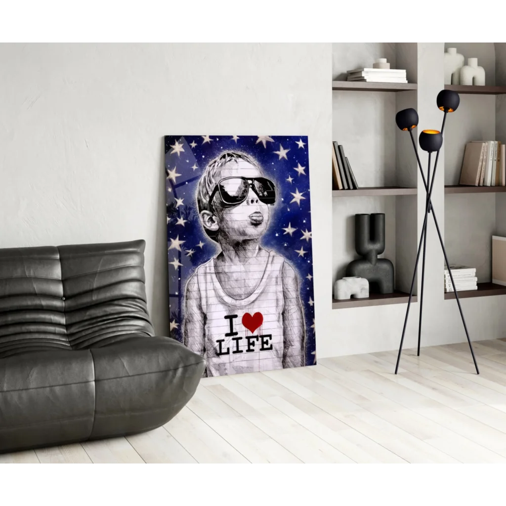 Cool kid in sunglasses and I love life tank top on starry blue glass wall art