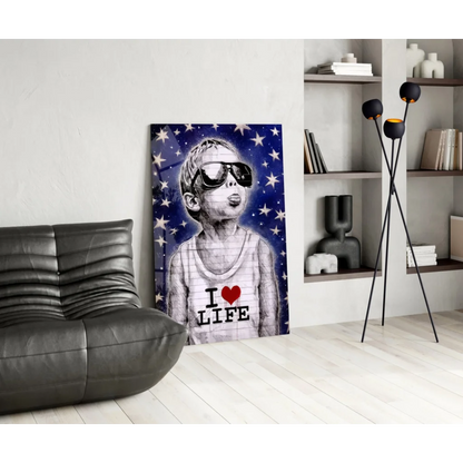 Cool kid in sunglasses and I love life tank top on starry blue glass wall art