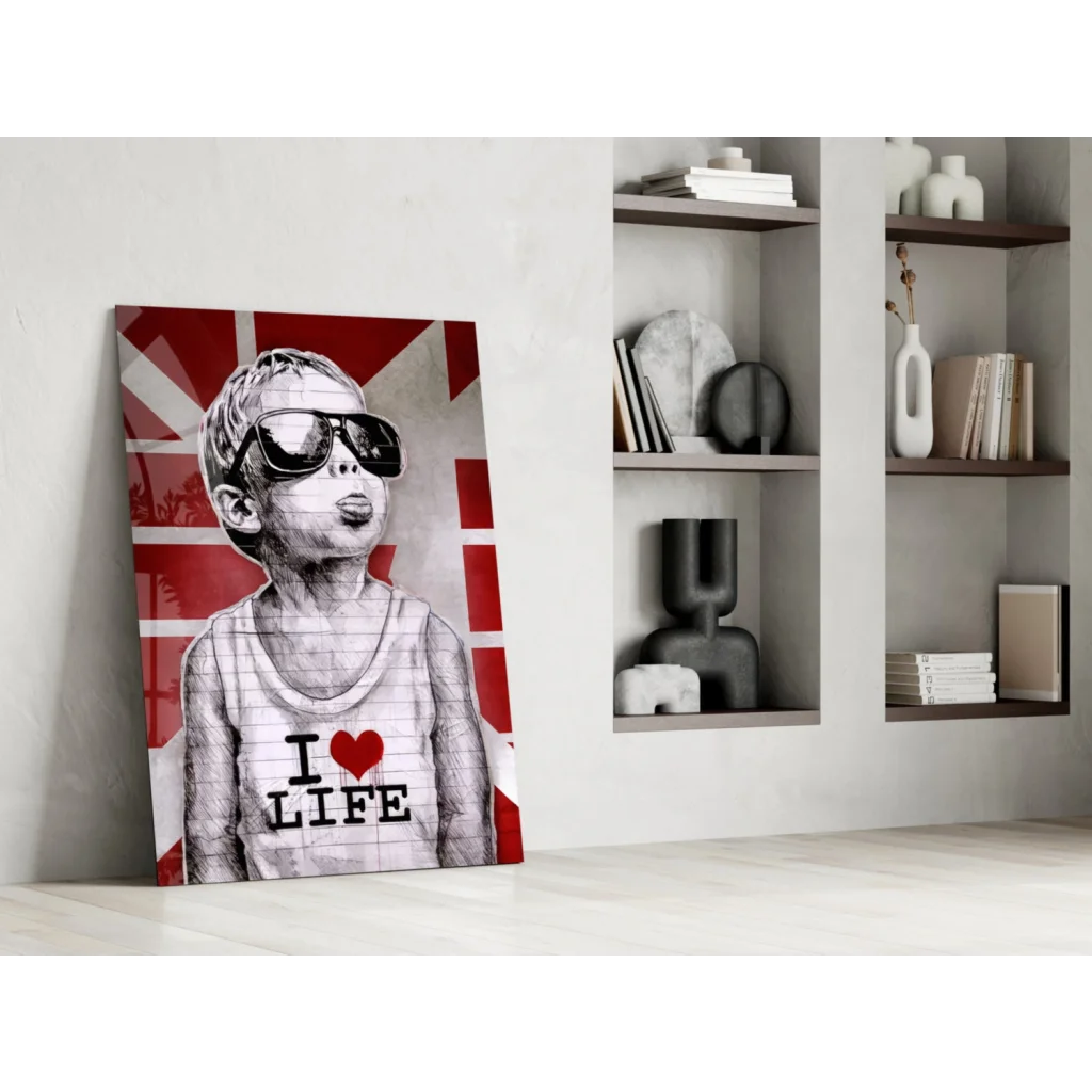 Cool British kid in sunglasses I love life canvas wall art print