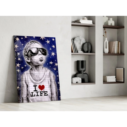 Cool kid in shades and I love life tank on starry blue glass wall art