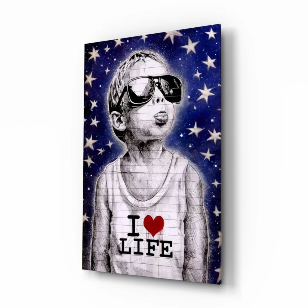 Cool Kid I Love Life Glass Wall Art with Starry Blue Background | Insigneart USA | vintageantiquesgifts.com