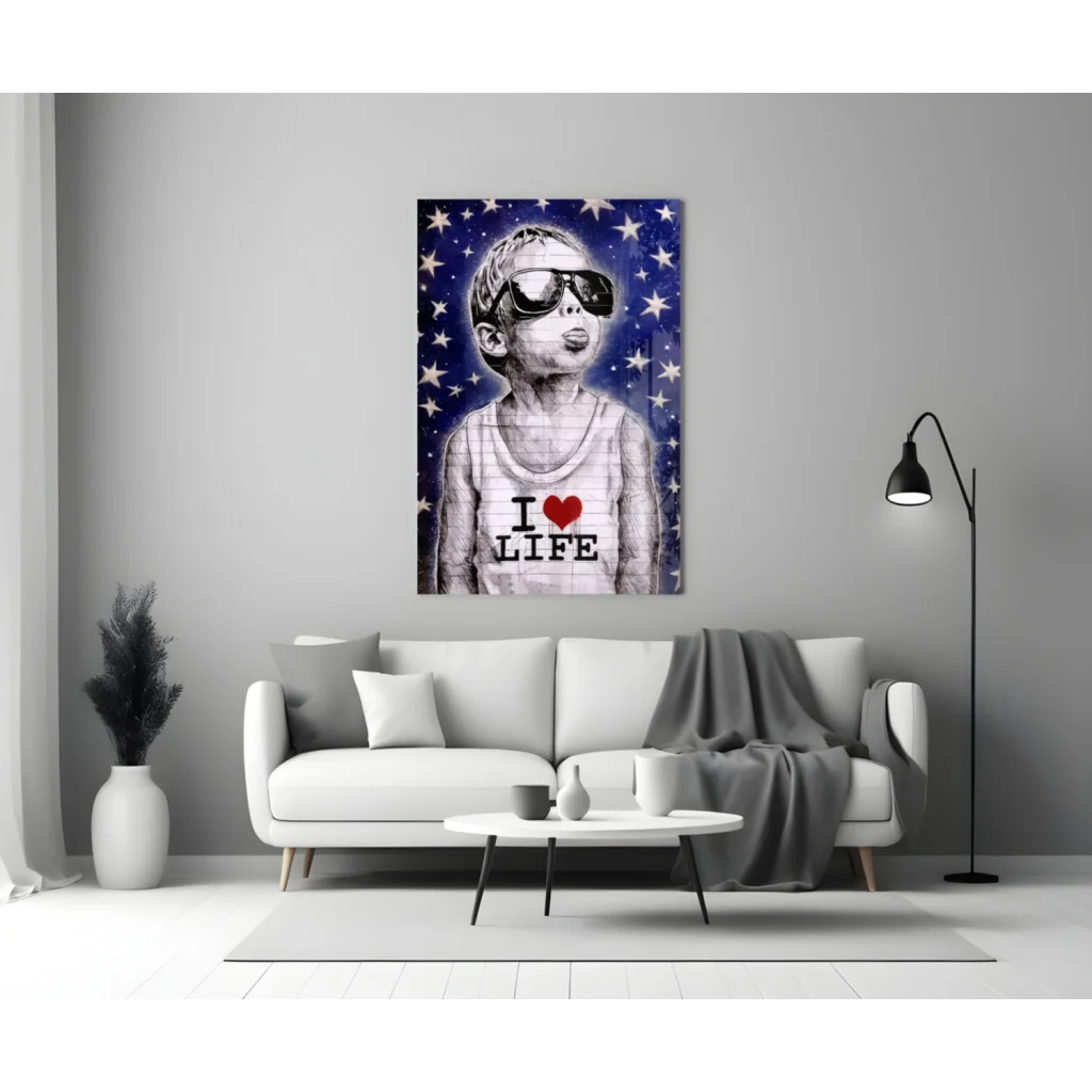 Cool Kid I Love Life Glass Wall Art with Starry Blue Background | Modern Wall Art Decor | vintageantiquesgifts.com