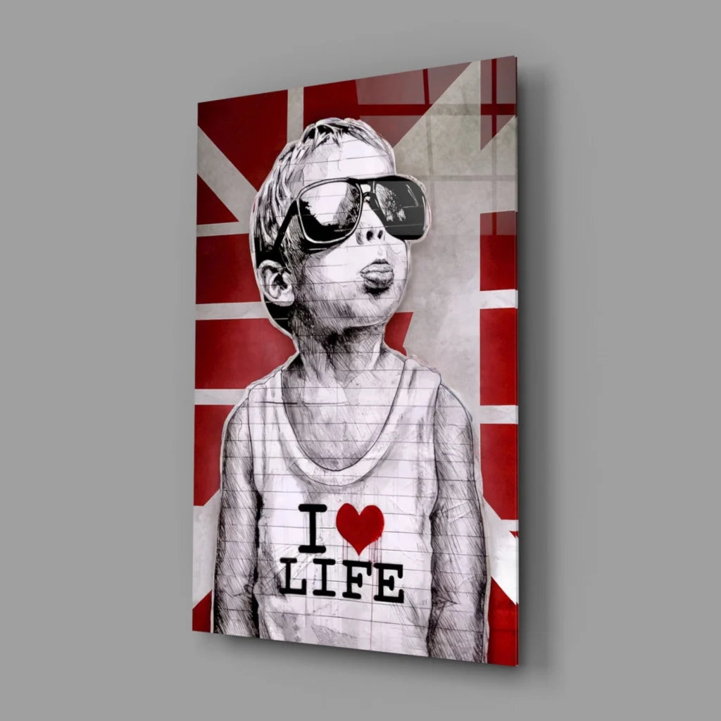 Cool British kid in sunglasses on Union Jack wall art canvas