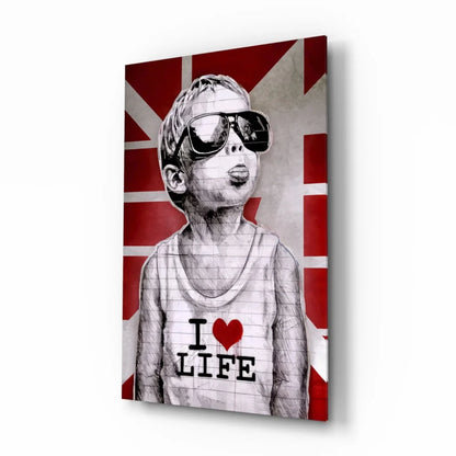 Cool British kid in sunglasses on Union Jack wall art