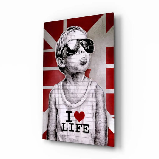Cool British kid in sunglasses on Union Jack wall art