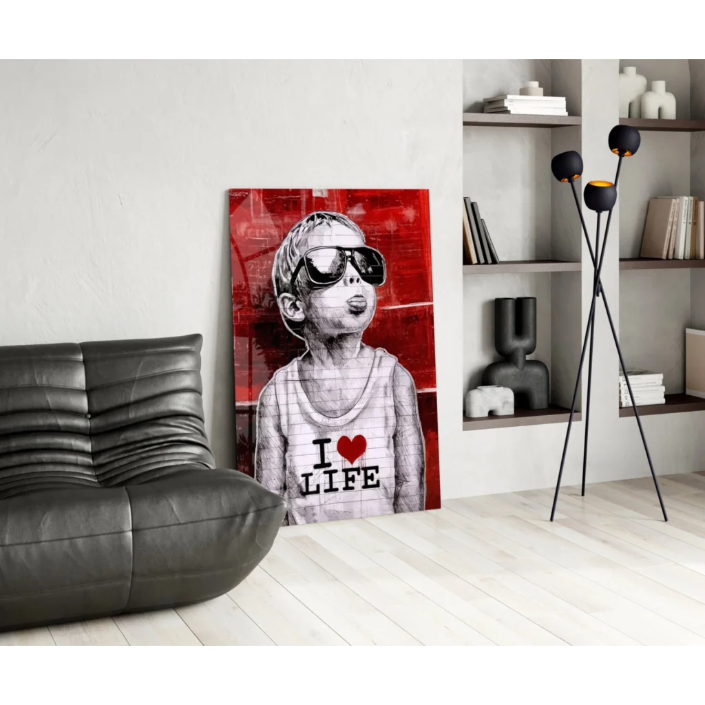 Bold red black canvas wall art of stylized boy in sunglasses and I love life shirt