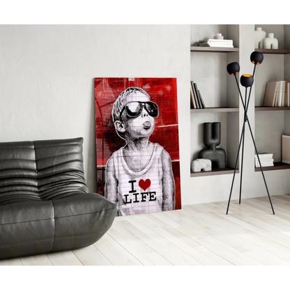 Bold red black canvas wall art of stylized boy in sunglasses and I love life shirt