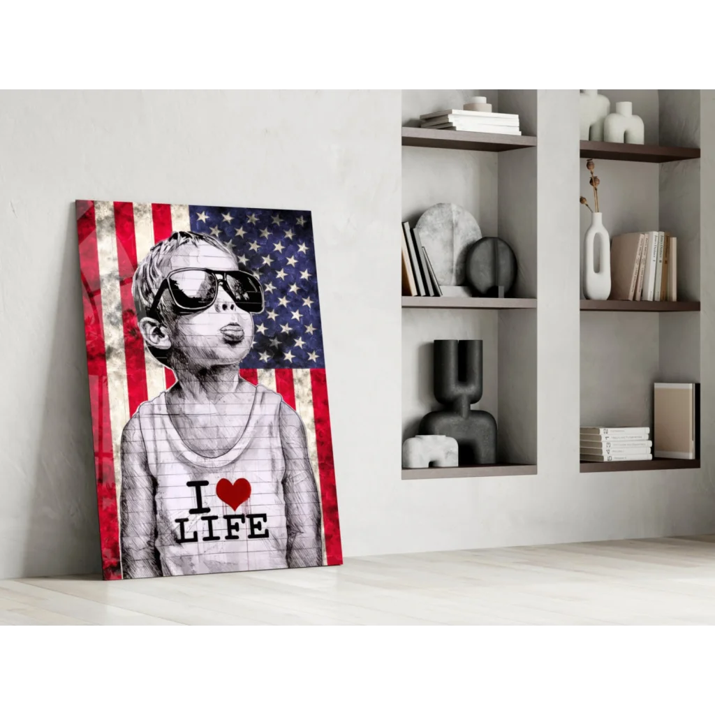 Patriotic boy in sunglasses and I love life tank top wall art canvas print
