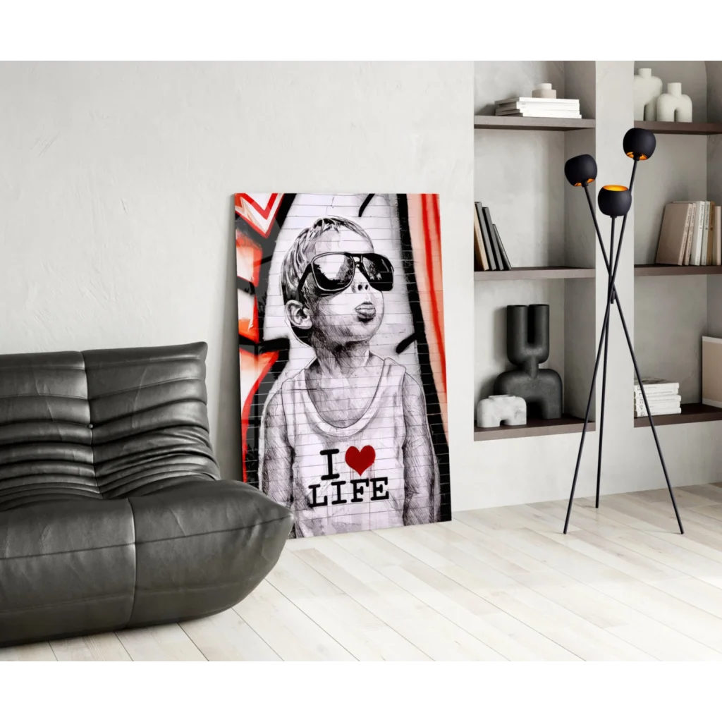 Graffiti kid in sunglasses with I Love Life shirt on black-and-white canvas wall art